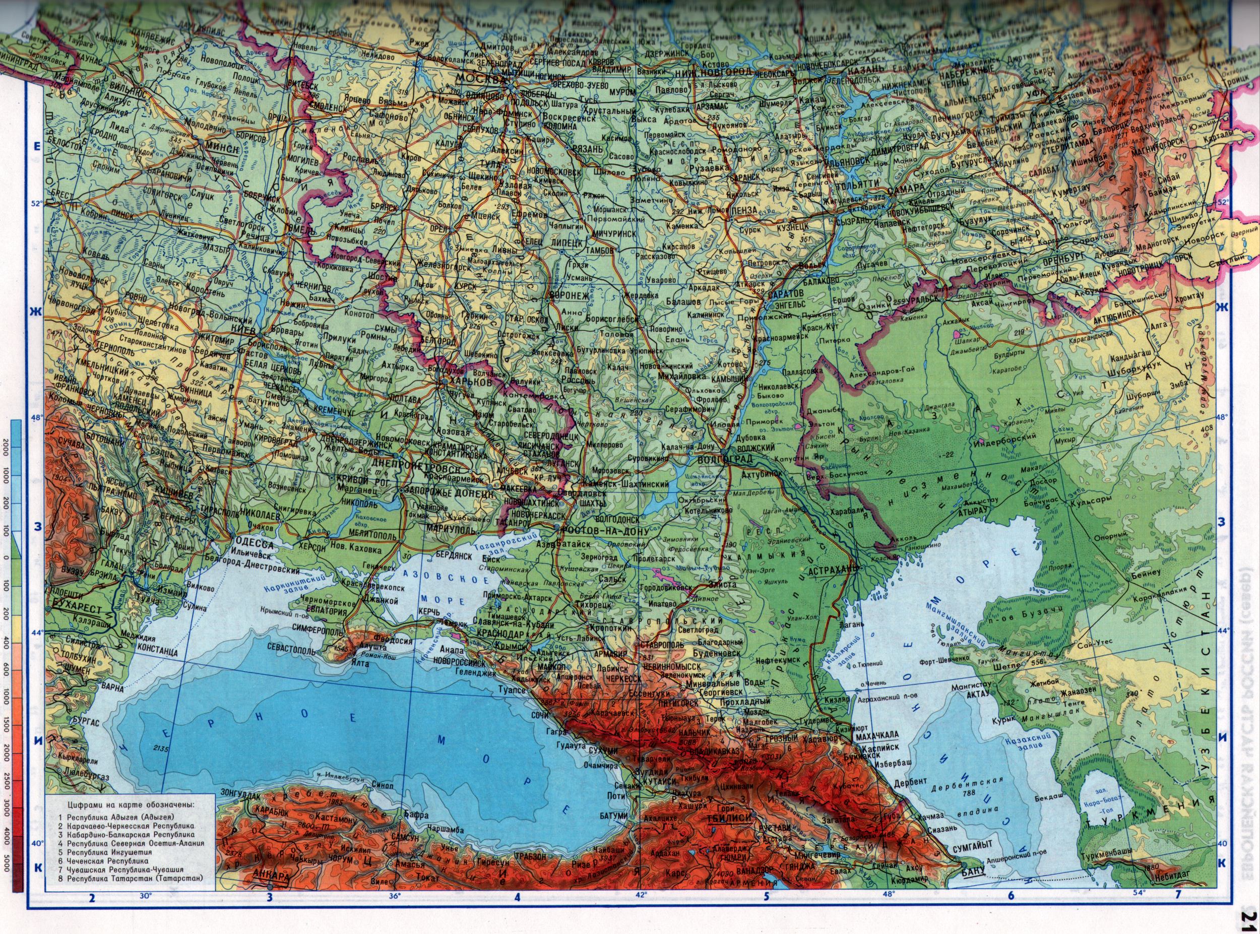 Карта России. Физическая карта Европейской части России от Баренцева до Черного моря, масштаб в 1см 100км. Скачать бесплатно карту России, A1 - 